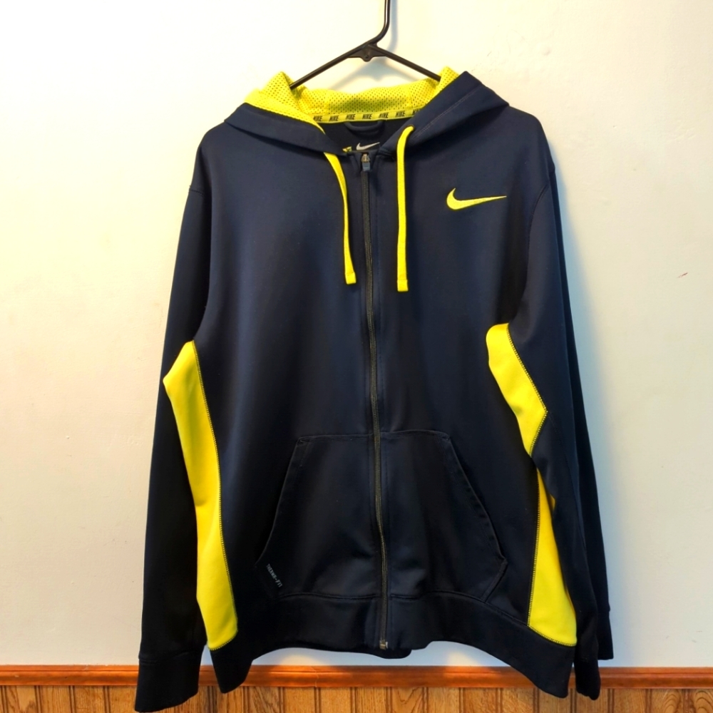 Nike Men's Therma-Fit Zip up Track Jacket  Navy Blue/Electric Yellow Large